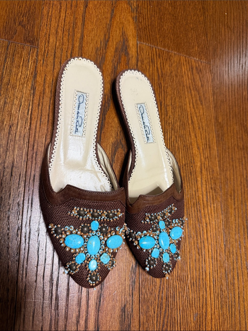 Oscar de la Renta Brown Mules with Turquoise Jewel Embellishments